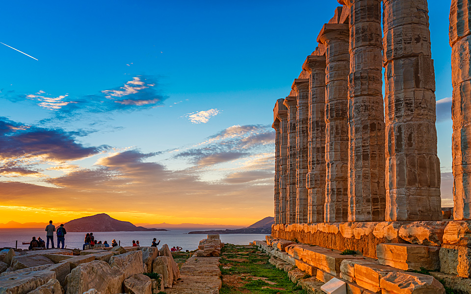 sunset at Cape Sounion with the temple of Poseidon